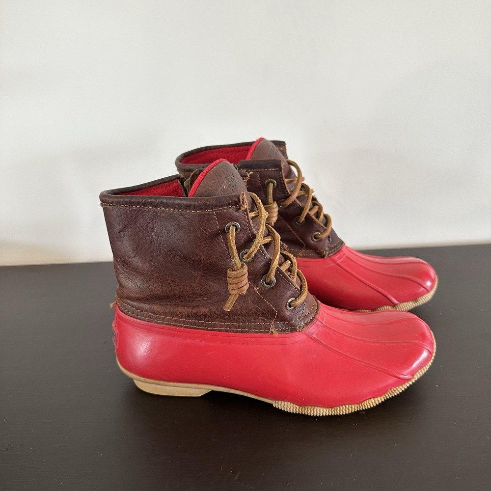 Women's Sperry Top-Sider Saltwater Rain Boots Leather Rubber Women's 6 Red Brown
